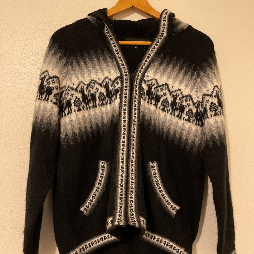 Alpaca Connection Cardigan Sweater Hoodie Womens Small Black Knit Full Zip Wool